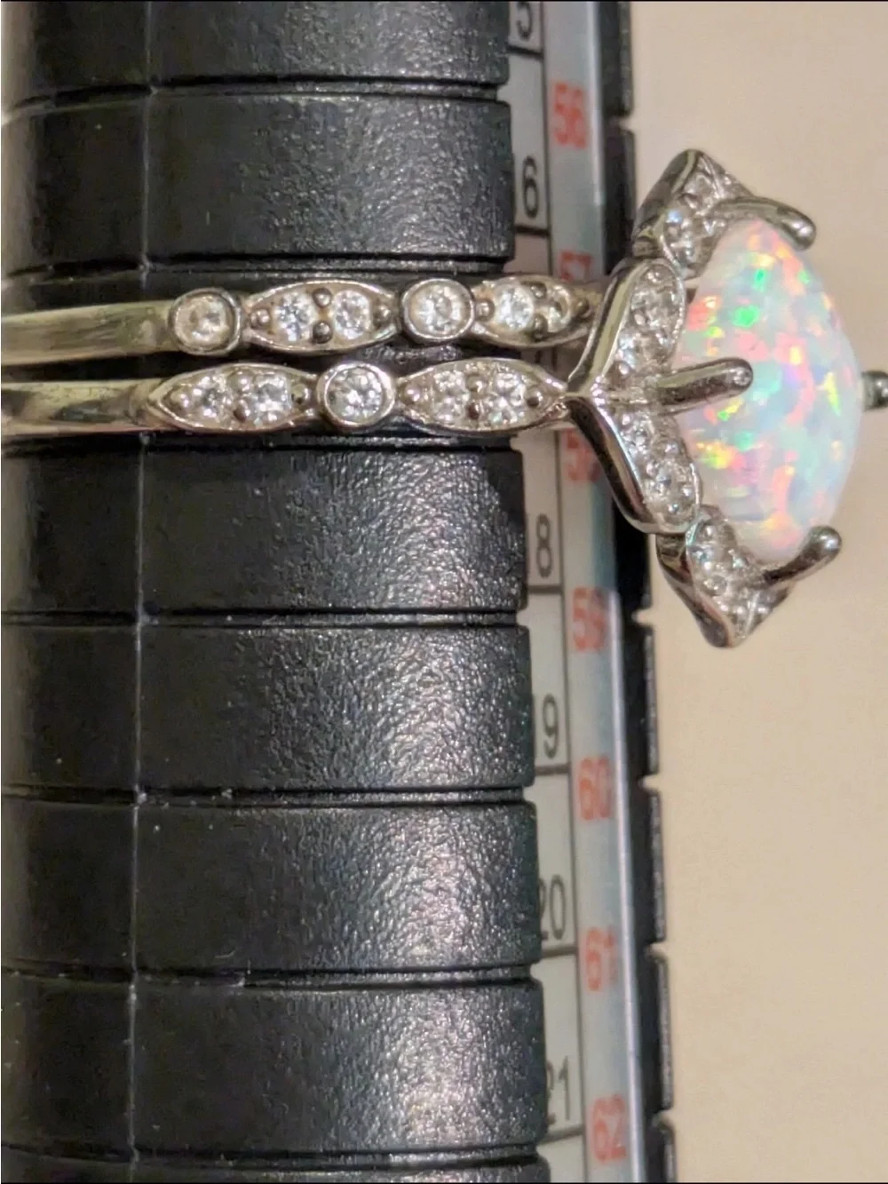 Sterling Silver Lab Opal CZ Halo Engagement Wedding Ring Set 2 Piece Sz 8 White